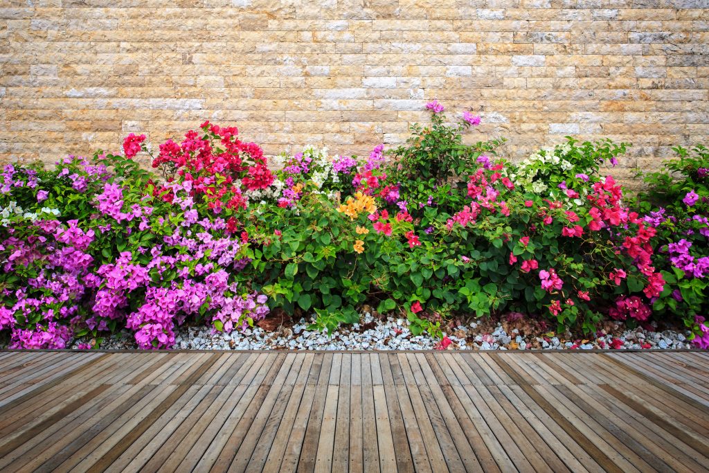 Small flower garden along a brick wall with a wooden path