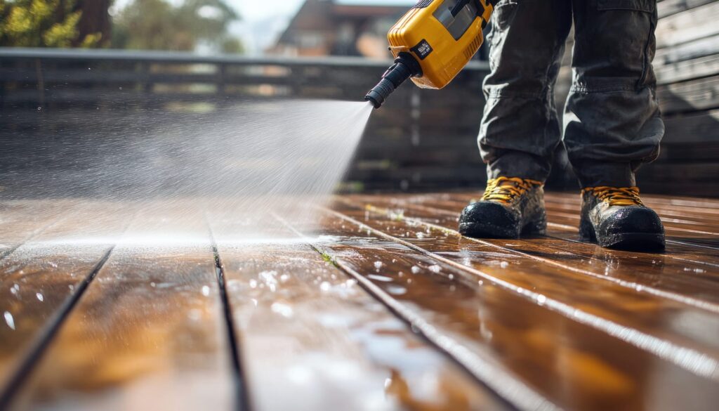 person cleaning deck with high pressure washer