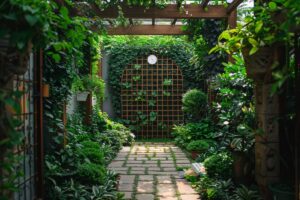 small garden with fence and pergola