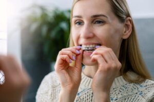 A woman placing clear aligners on her teeth in a home bathroom, highlighting daily comfort and at-home orthodontic routines.
