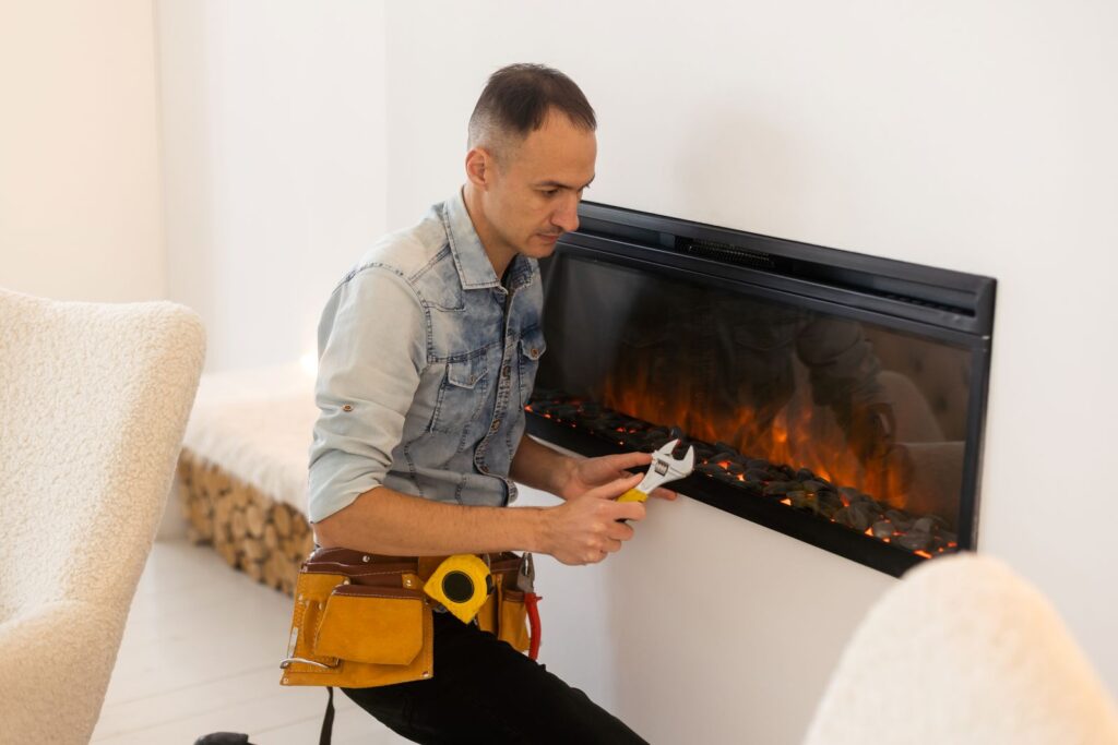 man working on fireplace repair
