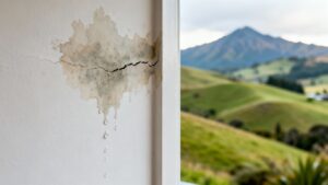 Damp patch spreading on a wall, New Zealand backdrop.