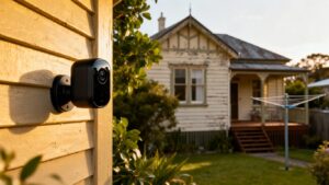 Smart security camera on old New Zealand house.