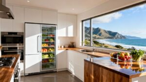 Fridge and freezer in a tidy NZ kitchen.